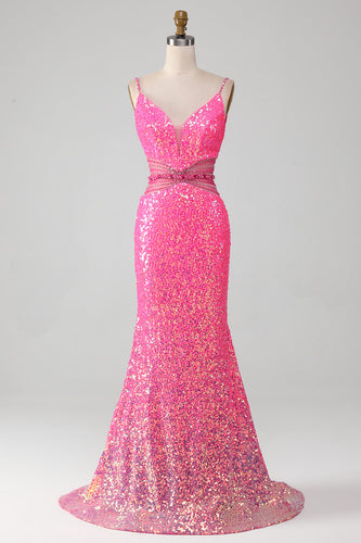 Hot Pink Spaghetti Straps Glitter sirène robe de bal avec perles taille