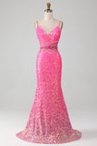 Hot Pink Spaghetti Straps Glitter sirène robe de bal avec perles taille