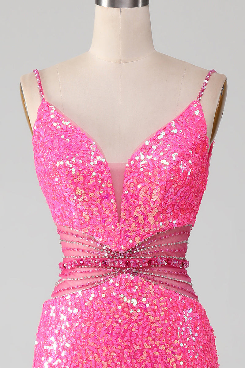 Charger l&#39;image dans la galerie, Hot Pink Spaghetti Straps Glitter sirène robe de bal avec perles taille