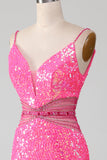 Hot Pink Spaghetti Straps Glitter sirène robe de bal avec perles taille