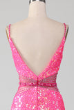 Hot Pink Spaghetti Straps Glitter sirène robe de bal avec perles taille