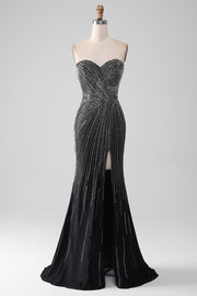 Robe de bal sirène sans bretelles à paillettes noires avec fente