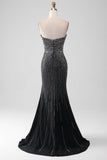 Robe de bal sirène sans bretelles à paillettes noires avec fente