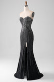 Robe de bal sirène sans bretelles à paillettes noires avec fente