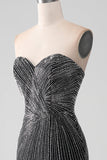 Robe de bal sirène sans bretelles à paillettes noires avec fente