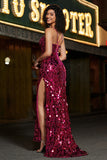 Spaghetti Straps Hot Pink Brillant Sirène Sequins Longue Robe de soirée avec fente