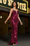 Spaghetti Straps Hot Pink Brillant Sirène Sequins Longue Robe de soirée avec fente