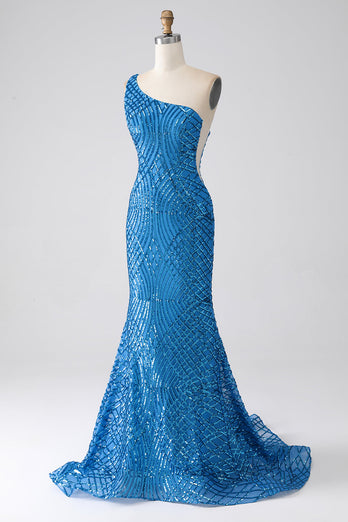 Sirène bleue une épaule paillettes longue robe de soirée