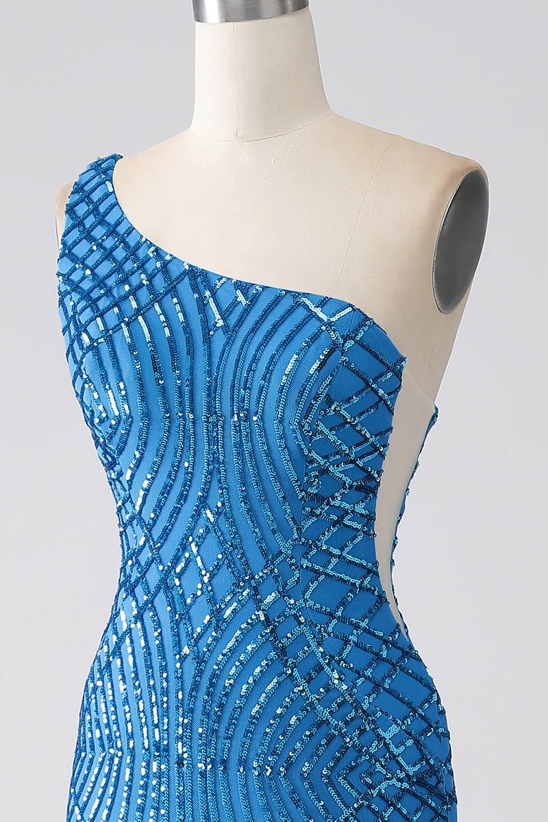 Charger l&#39;image dans la galerie, Sirène bleue une épaule paillettes longue robe de soirée