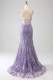 Robe longue de soirée lilas sirène scintillante