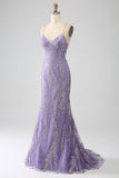 Robe longue de soirée lilas sirène scintillante