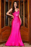 Robe de soirée sirène scintillante rose vif avec évidage