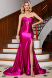 Robe de soirée corset fuchsia sirène scintillante avec fente