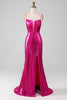 Charger l&#39;image dans la galerie, Robe de soirée simple sirène rose vif scintillant avec fente