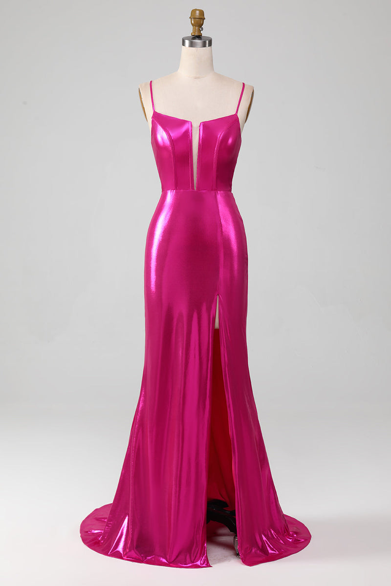 Charger l&#39;image dans la galerie, Robe de soirée simple sirène rose vif scintillant avec fente
