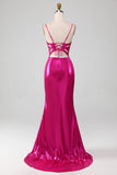 Robe de soirée simple sirène rose vif scintillant avec fente