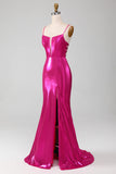 Robe de soirée simple sirène rose vif scintillant avec fente
