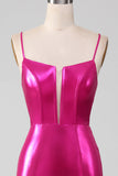Robe de soirée simple sirène rose vif scintillant avec fente