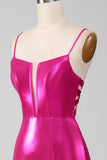 Robe de soirée simple sirène rose vif scintillant avec fente