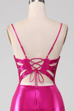 Robe de soirée simple sirène rose vif scintillant avec fente