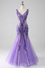 Charger l&#39;image dans la galerie, Brillant violet sirène col V paillettes longue robe de soirée