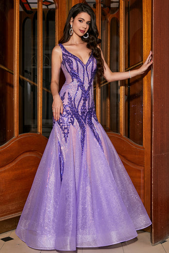 Superbe sirène col en V paillettes violettes longue robe de soirée avec dos ouvert