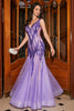 Charger l&#39;image dans la galerie, Superbe sirène col en V paillettes violettes longue robe de soirée avec dos ouvert