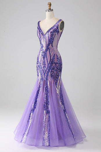 Brillant violet sirène col V paillettes longue robe de soirée