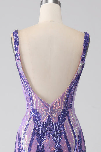 Brillant violet sirène col V paillettes longue robe de soirée