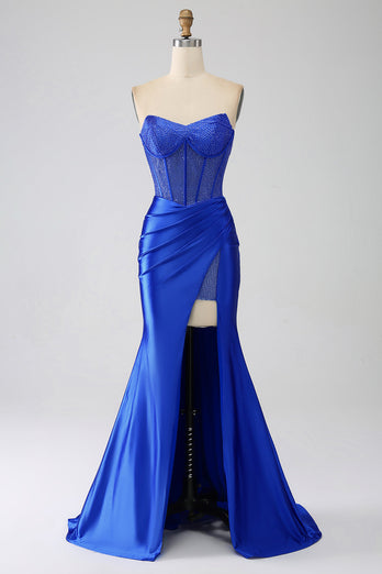 Sirène bleu royal bustier Corset longue robe de soirée avec perles