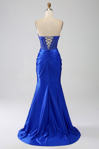 Sirène bleu royal bustier Corset longue robe de soirée avec perles