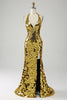 Charger l&#39;image dans la galerie, Sirène dorée licol col en V profond dos nu miroir robe de soirée avec fente haute