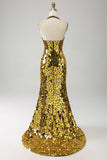 Sirène dorée licol col en V profond dos nu miroir robe de soirée avec fente haute
