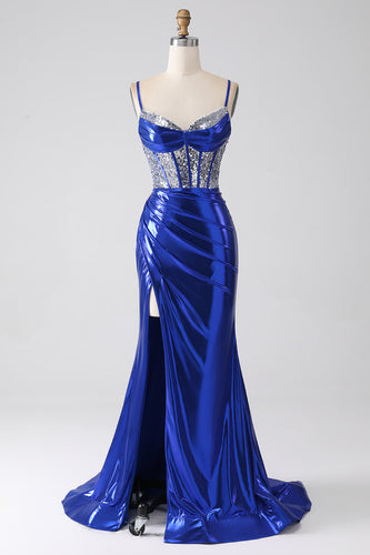 Robe de soirée corset plissée à paillettes scintillantes sirène bleu royal avec fente