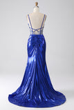 Robe de soirée corset plissée à paillettes scintillantes sirène bleu royal avec fente