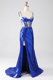 Robe de soirée corset plissée à paillettes scintillantes sirène bleu royal avec fente