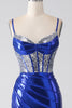 Charger l&#39;image dans la galerie, Robe de soirée corset plissée à paillettes scintillantes sirène bleu royal avec fente