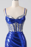 Robe de soirée corset plissée à paillettes scintillantes sirène bleu royal avec fente