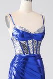 Robe de soirée corset plissée à paillettes scintillantes sirène bleu royal avec fente