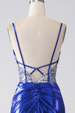 Robe de soirée corset plissée à paillettes scintillantes sirène bleu royal avec fente