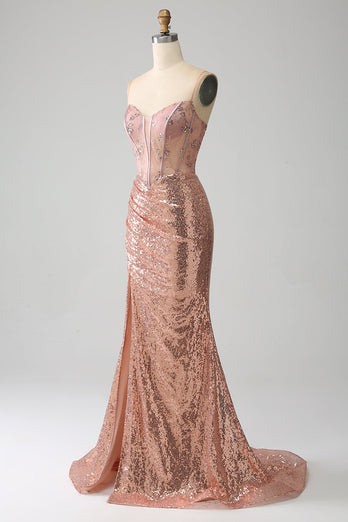 Robe de soirée corset à paillettes froncées sirène or rose avec fente latérale
