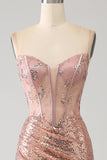 Robe de soirée corset à paillettes froncées sirène or rose avec fente latérale