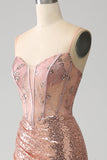 Robe de soirée corset à paillettes froncées sirène or rose avec fente latérale