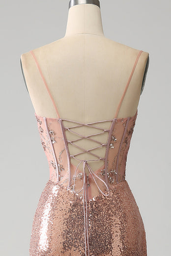 Robe de soirée corset à paillettes froncées sirène or rose avec fente latérale