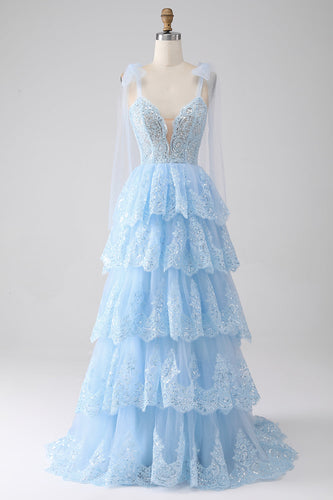 Bleu clair chérie noeud papillon bretelles à plusieurs niveaux Tulle Sequin robe de soirée avec Appliques