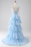 Bleu clair chérie noeud papillon bretelles à plusieurs niveaux Tulle Sequin robe de soirée avec Appliques