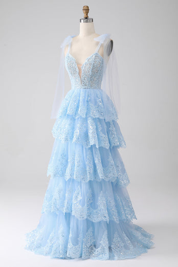 Bleu clair chérie noeud papillon bretelles à plusieurs niveaux Tulle Sequin robe de soirée avec Appliques