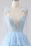 Bleu clair chérie noeud papillon bretelles à plusieurs niveaux Tulle Sequin robe de soirée avec Appliques