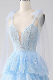 Bleu clair chérie noeud papillon bretelles à plusieurs niveaux Tulle Sequin robe de soirée avec Appliques