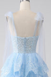 Bleu clair chérie noeud papillon bretelles à plusieurs niveaux Tulle Sequin robe de soirée avec Appliques